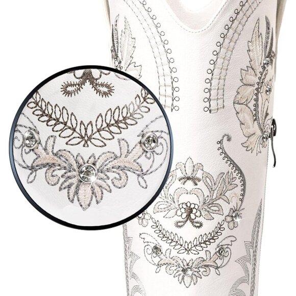 Women Faux Leather White Glitter Sparkly Rhinestone Embroidery Pointed Boots - Picture 4 of 6